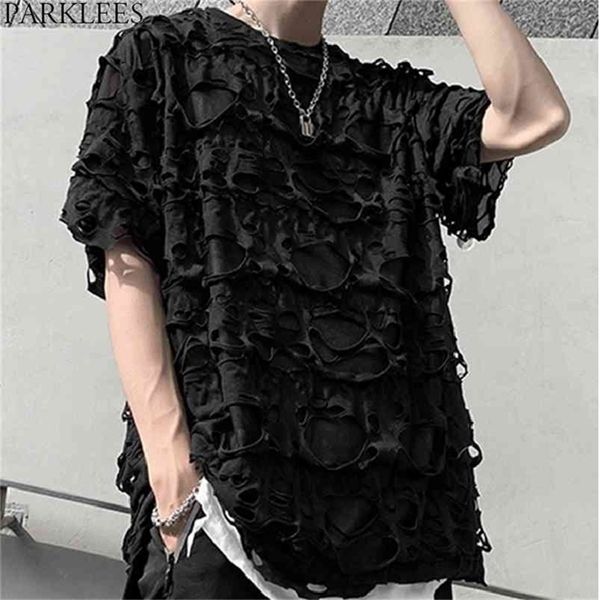 Hip Hop Ripped Hole camiseta hombres jóvenes sueltos casual transparente camiseta homme ver a través del club nocturno fiesta realizar streetwear 2xl 210716