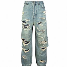 Hip Hop Ripped Jeans Distred Double Couche Baggy Denim Pantalon Fi Streetwear Harajuku Blue Jeans P7Tn #