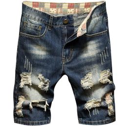 Hiphop gescheurde jeans kort voor mannen zomer denim shorts rechte slanke jeugd blauwe broek plus size motor fietser heren