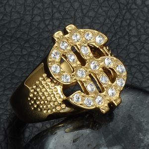 Hiphop Rock Iced Out Bling Gold Color Titanium Rvs US Dollarteken Signets Ringen voor Mannen Sieraden Gratis verzending