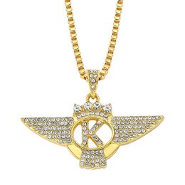 Collier de roche hip hop gold couleurs s ailes couronne lettre k pendentif charme accessoires qualité cadeau 240511