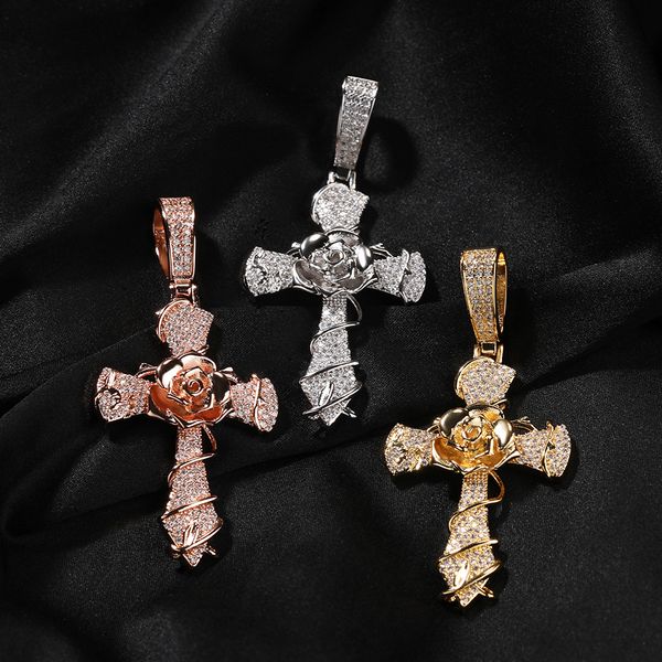 Hip Hop Rose fleur classique croix pendentif collier pull chaîne 5A Zircon hommes Religion bijoux