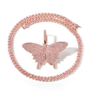 Hip Hop Rose Gold Butterfly Pendant Colliers Pink Cuban Link Chain Tennis Chain pour hommes Femmes Iced Out Cumbic Zircon Fashion Jewel328o
