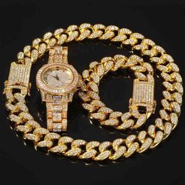 Hip Hop Rose Gold Chain Cuban Link Bracelet Collier Iced Out Quartz Watch Woman and Men Bijoux Set Gift286G5734611