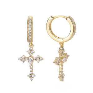 Hip Hop Cross Dangle Boucles d'oreilles Full White Zircon Hoop Drop Boucles d'oreilles Bijoux en plaqué or véritable