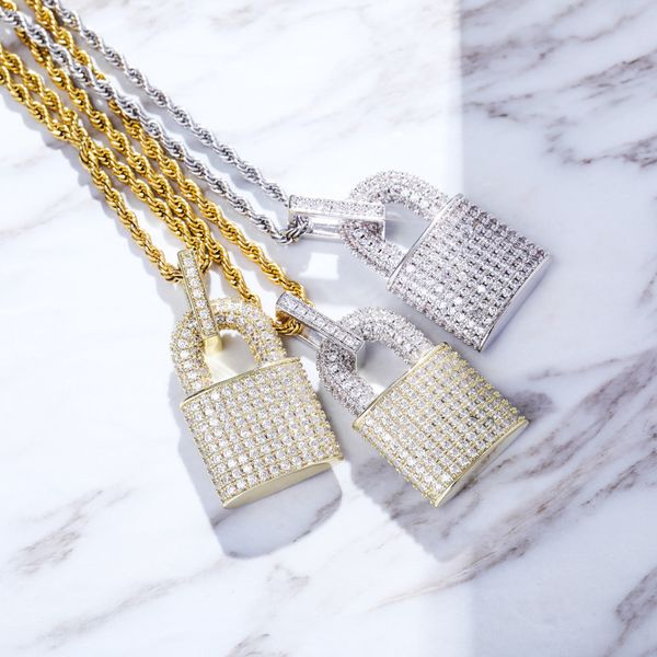 Hip Hop Solid Lock Pendentif Collier 18k Or Véritable Platine Plaqué Bling Plein Zircon Collier Bijoux