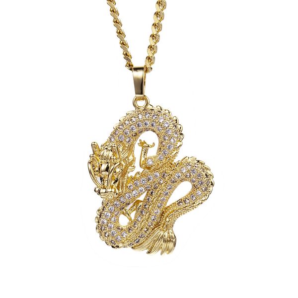 Colgante de dragón chino de circón blanco de Hip Hop, collar de nuevo diseñador chapado en oro para amantes, regalos, joyería