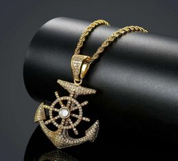 Hip Hop Ship039S Anchor Rudder Diamonds Pendants Colliers pour hommes Collier de luxe Real Gold plaqué zircons Zircons Cuban Chains 7479173