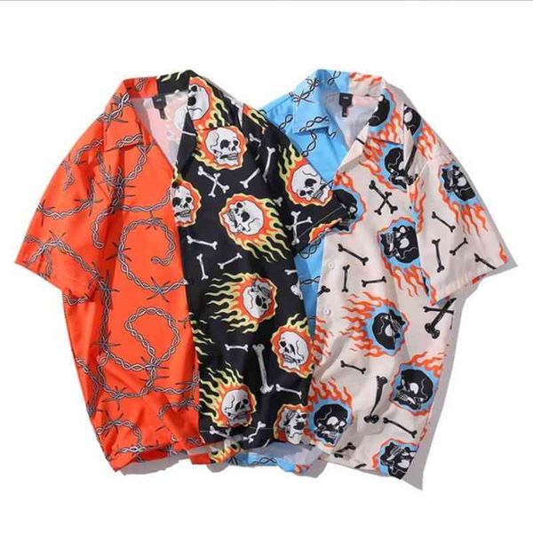 Hip Hop Chemise Streetwear Hommes Chemise Hawaïenne Feu Crâne Chaîne Harajuku Chemise De Plage HipHop Chemises D'été Tops À Manches Courtes 210708
