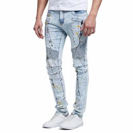 Hip-hop Skinny Jeans Hommes Plissé Zipper Spliced Painted Splash-Ink Denim Casual Penicl Pantalon Tide251h