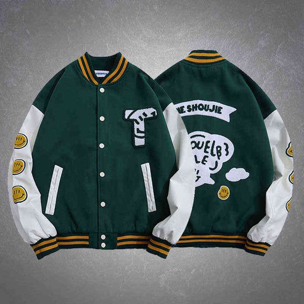 Hip Hop Sourire Visage Lettres Broderie Patchwork Baseball Veste Hommes Harajuku Lâche All-match PU Manches Bomber Vestes Couples T220728