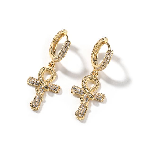 Boucles d'oreilles Hip Hop serpent croix, boucles d'oreilles pendantes en Zircon blanc, bijoux plaqués or véritable