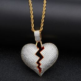 Hip Hop Solid Broken Heart Iced Out Pendant Necklace Charme voor mannen Vrouwen goudkleur kubieke zirkoon sieraden