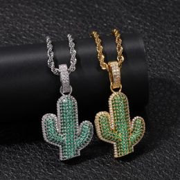 Hip Hop – collier avec pendentif Cactus solide en Zircon pavé, avec chaîne en corde en acier inoxydable, chaîne cubaine, colliers 256I