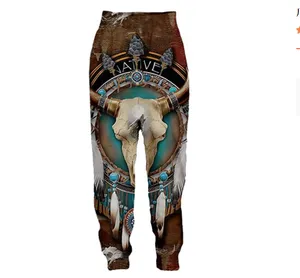 Hip Hop Sportwear Punk Casual Loose Men Cool Print Native Indian Wolf 3D Pants 007