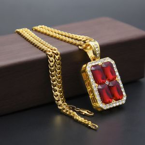 Hip Hop Square Ruby Pendant met Cubaanse ketting 14K GOUD GOLD MENS BLINGBLEBLE ICE OUT SAPPHIRE NECLACE 307E