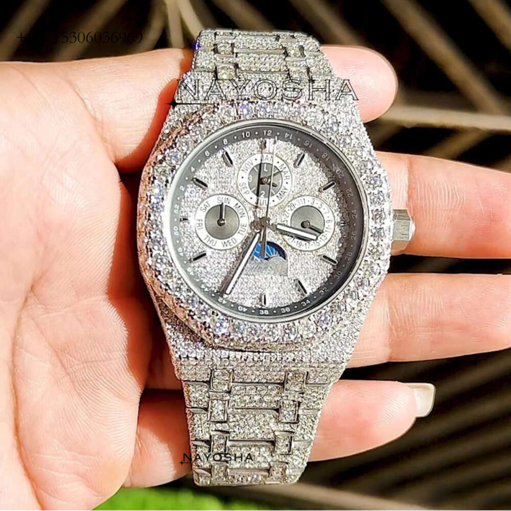 Hip Hop Stainless Steel Dial Customised Designer Full Iced Out VVS Moissanite Diamond Hand Studded Chronograph Watch Men