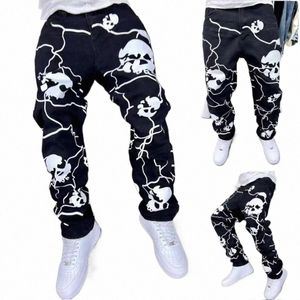 Hip Hop Street Wed Jeans Homme Crâne Impression Casual Pantalon droit Baggy Printemps Mâle Y2K Gothique Punk Surdimensionné Denim Pantalon R4Co #