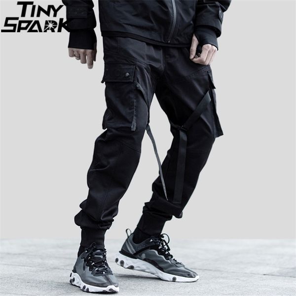 Hip Hop Streetwear Pantalon Cargo Poche Hommes Harajuku Harem Pantalon Swag Ruban Joggers Noir HipHop Pantalon De Survêtement High Street 210715