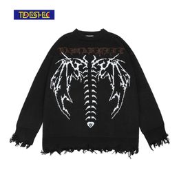 Hip Hop Streetwear pull tricoté gothique lettre chauve-souris squelette imprimé pull hommes automne Harajuku coton décontracté 220125