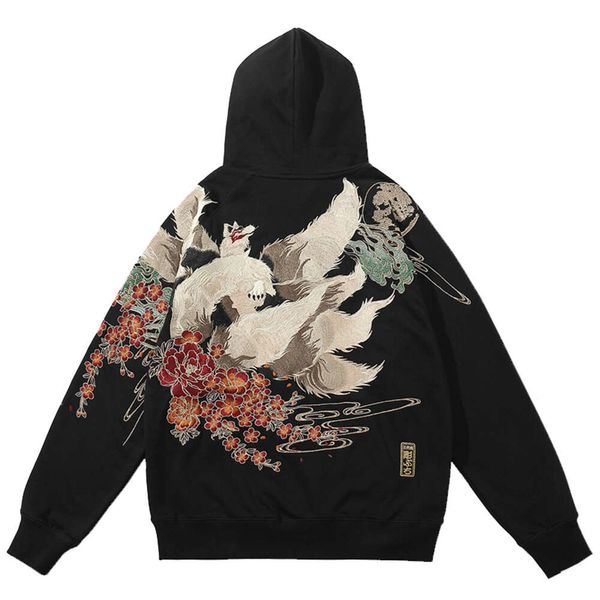 Hip Hop Streetwear hommes sweat à capuche noir sweat broderie fleur chinois Kanji pull automne Harajuku coton à capuche