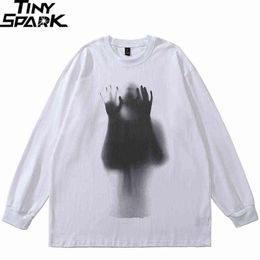 Hip Hop Streetwear Shadow Graphic T-shirt Harajuku 2022 Autumn Men Ghost Printing T-shirt Katoen met lange mouwen T-shirt Witte punk T220808