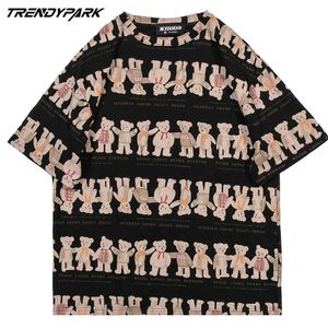 Hip Hop Streetwear T-shirt Bears in een lijn Print Tshirt Mannen Harajuku Katoen Zomer Korte Mouw T-shirt Casual Shirt Zwart 210601