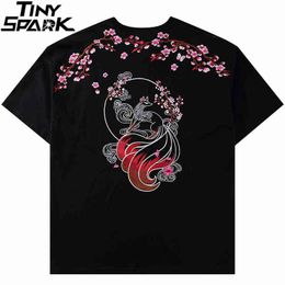 Hip Hop Streetwear T-shirt Borduurwerk Fox Perzik Blossom T-shirt 2021 Mannen Harajuku Katoenen T-shirt Zomer Korte Mouw Tops Tees H1218