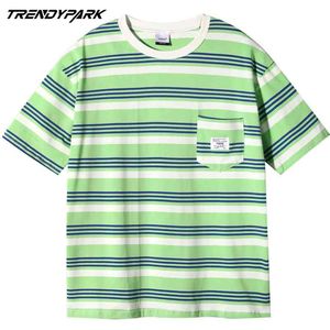 Hiphop Streetwear T-shirt Gestreepte Vintage T-shirt Harajuku Katoenen Mannen Zomer Korte Mouw Oversize Tshirt Pocket Tops Tees 210601