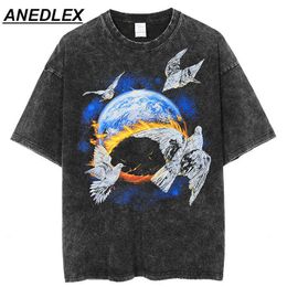 Hip Hop Streetwear T-shirt lavé Pigeon Flamme Terre Imprimer T-shirt 2022 Été À Manches Courtes T-shirt Hommes Harajuku Coton Tee Noir G1217