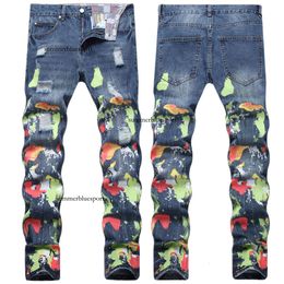 Hiphop-stijl versleten en gewassen digitale meerkleurige bedrukte puur katoenen jeans met kleine rechte pijpen voor heren