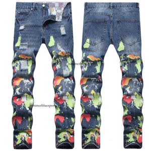 Jean à jambes droites en pur coton pour hommes, Style Hip Hop, délavé et imprimé numérique multicolore, petit jean à jambe droite