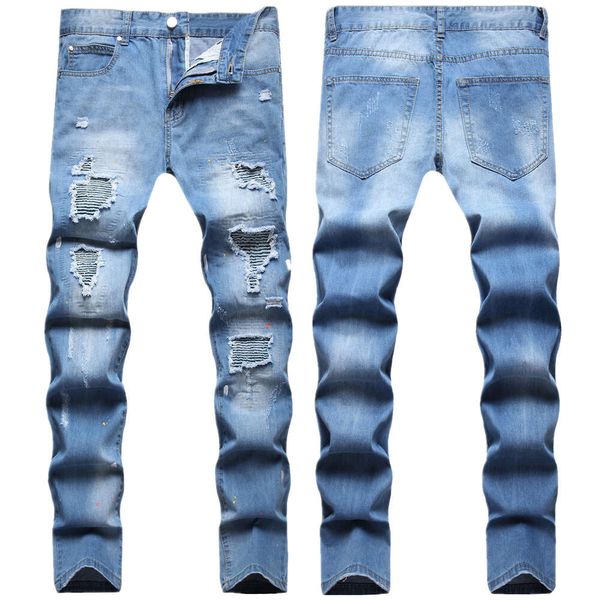 Style Hip Hop multi-trous Valley Bone Patch bleu clair peinture en aérosol petit jean à jambe droite