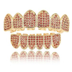 Hiphoppak kleurrijke micro -instelling granaat granaat rode diamant goud tandpak hiphop tand set heren sieraden