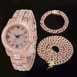 Costume Hip hop mode uunisexe designer bande d'acier montre Bracelet collier strass mode complet diamant costume 231015