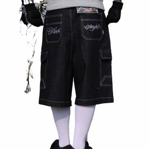 Hip Hop Summer Broderie Floral Baggy sur le genou Jeans Shorts Vintage Poches larges pour hommes Pantalons surdimensionnés en denim à cinq points G8Ta #