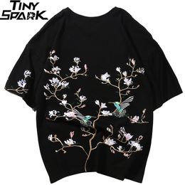 Hip Hop T-shirt Hommes Streetwear Harajuku Tshirt Broderie Floral Magpie Été T-shirt à manches courtes Coton Style japonais 210225