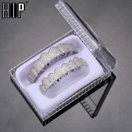 Hip Hop Dents Glacé Micro Pave Cubique Zircon Haut Bas Charme Grilles Ensemble pour Hommes Femmes Boîte À Bijoux Emballage 230726