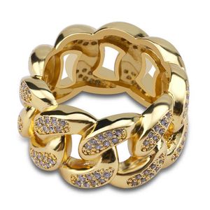 Hiphop getijdenstroom glanzende band ringen 18k echt goud vergulde kubieke zirkoon cuba ketting vinger ring sieraden