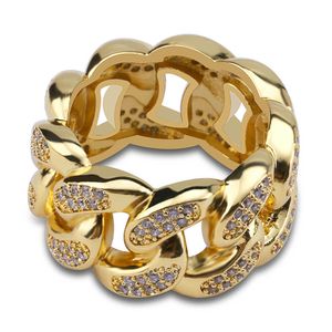 Hip Hop Marée Courant Brillant Bande Anneaux 18k Réel Plaqué Or Zircon Cubique Cuba Chaîne Bague Bijoux