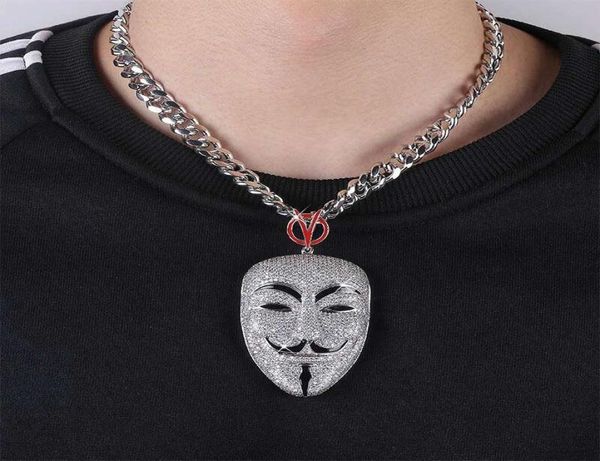 Hip Hop V pour Vendetta Mask Pendant Colliers pour hommes Femmes Luxury Diamonds Mask Pendants Platinum plaqués Copon Copon Cuban Chai9929377