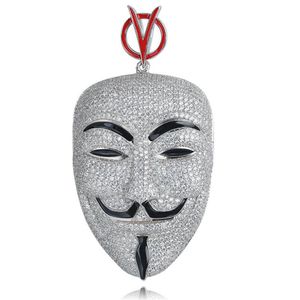 Hip Hop V for Vendetta Ketting Zilver Kleur Cubic Zirkoon Masker Hanger voor Mannen Ice Out Tennis Chain Rapper Jewelry245G