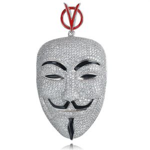Hip Hop V for Vendetta Ketting Zilver Kleur Cubic Zirkoon Masker Hanger voor Mannen Ice Out Tennis Chain Rapper Jewelry291d
