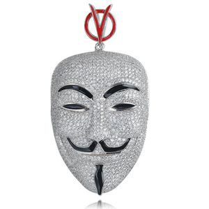 Hip Hop V for Vendetta Ketting Zilver Kleur Cubic Zirkoon Masker Hanger voor Mannen Ice Out Tennis Chain Rapper Jewelry299z