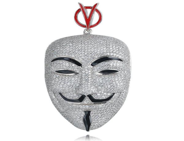 Hip Hop V pour Vendetta collier couleur argent cubique Zircon masque pendentif pour hommes glace sur Tennis chaîne rappeur bijoux 5274894