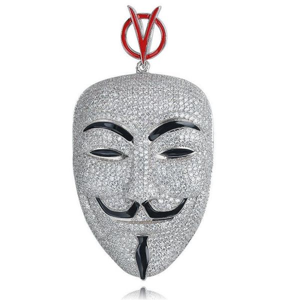 Collier Hip Hop V pour Vendetta couleur argent, pendentif masque en Zircon cubique pour hommes, chaîne de Tennis sur glace, rappeur, bijoux 239c