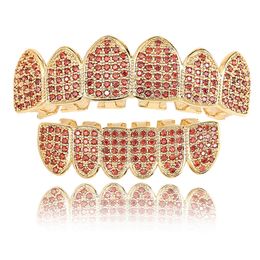 Hiphop vampier tanden roodblauw zirkon tandtanden grillz mannen vrouwen goud grills tanden set mode sieraden zes 6 bovenste bodem tandroosters 1750