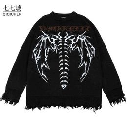 Hip Hop Verzwakte Gebreide Trui Mannen Slip Gothique Chauve-Souris Squelette Imprimer Trui Vrouwen Herfst Harajuku Streetwear Punk Warme Truien T220730