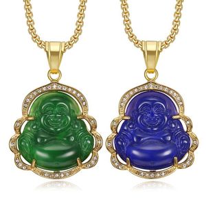Hip Hop Vintage Jade Maitreya bouddha titane acier pendentif collier 18K véritable plaqué or femmes hommes bijoux