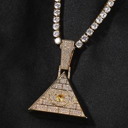 Hip Hop Vintage Pyramide Yeux Pendentif Collier Complet 5A Zircon 18k Réel Plaqué Or Femmes Hommes Bijoux Cadeau